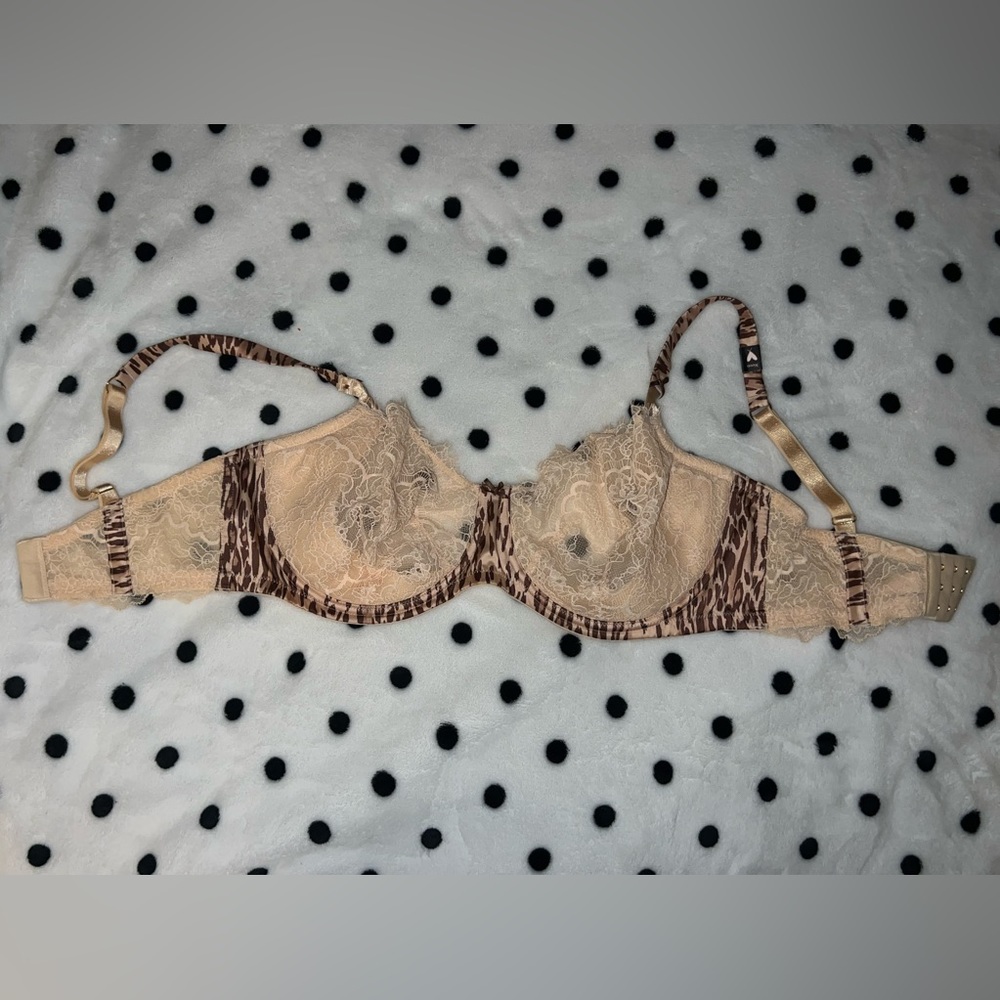 Beige and cheetah print lacy bra.